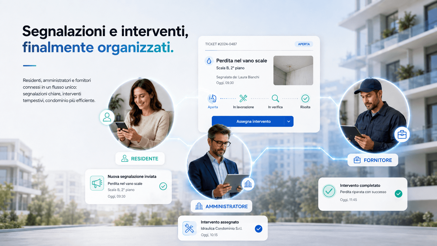 Residenti, amministratore e fornitori collegati nella gestione delle segnalazioni