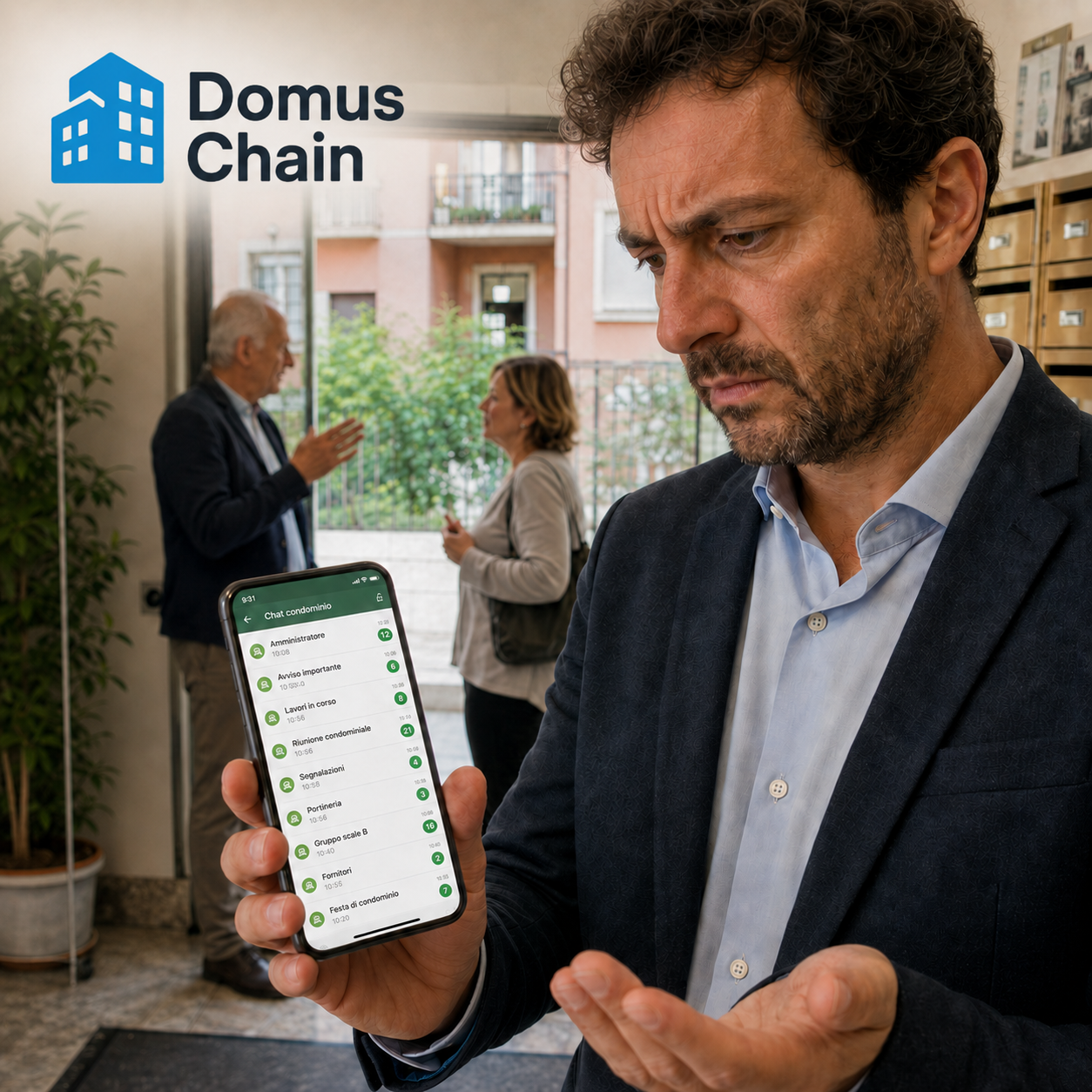Uomo preoccupato controlla le chat del condominio sullo smartphone