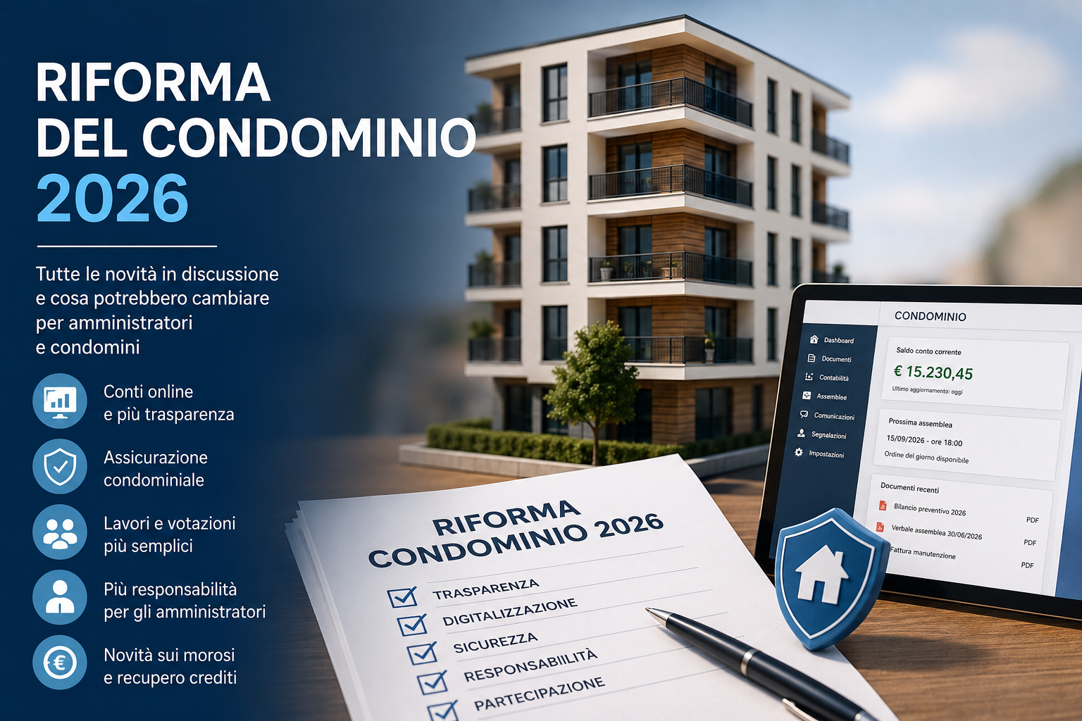 Riforma del condominio 2026 con edificio moderno, documenti digitali e gestione condominiale online